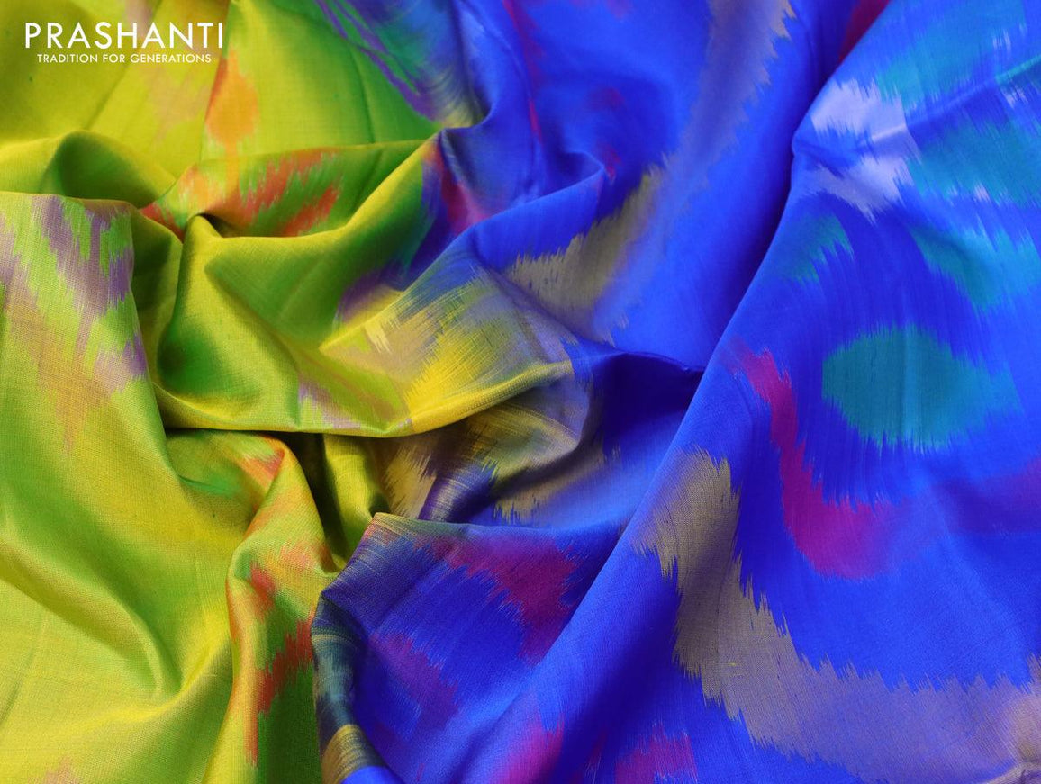 Ikat soft silk saree light green and royal blue with allover ikat buttas and zari woven border - {{ collection.title }} by Prashanti Sarees