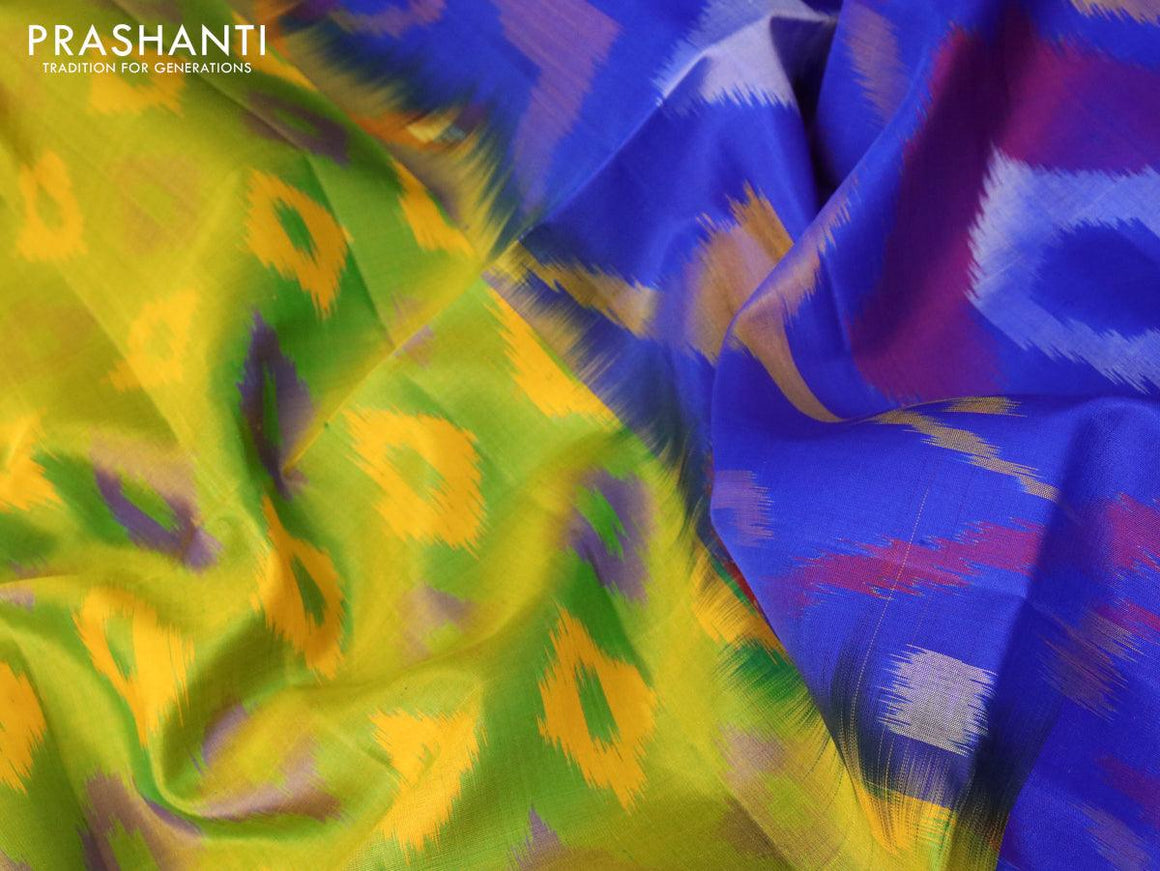 Ikat soft silk saree lime green and royal blue with allover prints and zari woven border - {{ collection.title }} by Prashanti Sarees