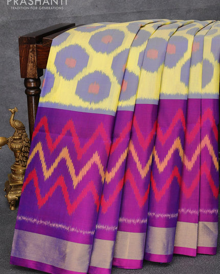 Ikat soft silk saree lime yellow and dual shade of purple with butta prints and zari woven border - {{ collection.title }} by Prashanti Sarees
