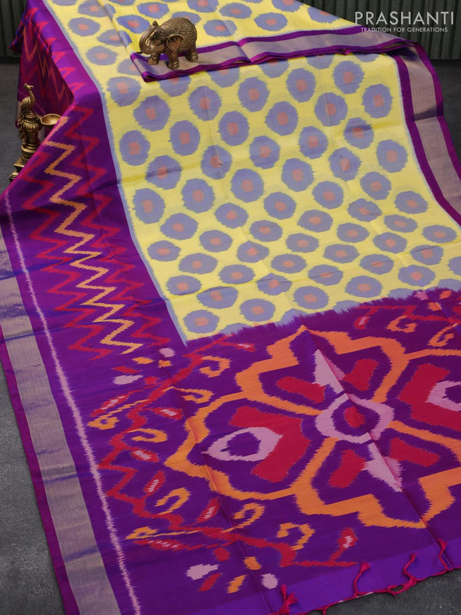 Ikat soft silk saree lime yellow and dual shade of purple with butta prints and zari woven border - {{ collection.title }} by Prashanti Sarees