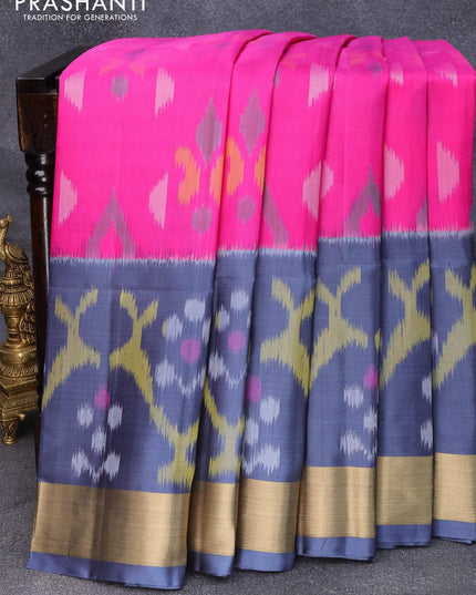 Ikat soft silk saree magenta pink and grey with allover ikat butta weaves and zari woven border - {{ collection.title }} by Prashanti Sarees
