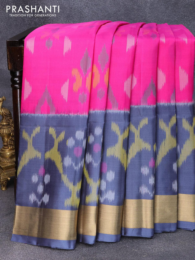 Ikat soft silk saree magenta pink and grey with allover ikat butta weaves and zari woven border - {{ collection.title }} by Prashanti Sarees