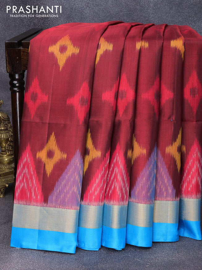 Ikat soft silk saree maroon and cs blue with allover ikat buttas and zari woven simple border - {{ collection.title }} by Prashanti Sarees
