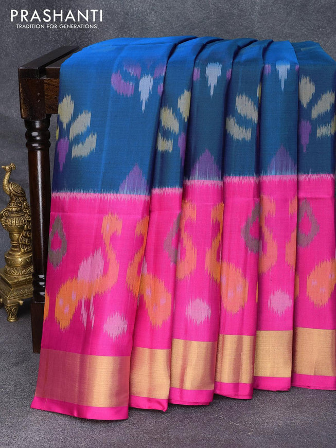 Ikat soft silk saree navy blue and pink with allover ikat butta weaves and zari woven border - {{ collection.title }} by Prashanti Sarees
