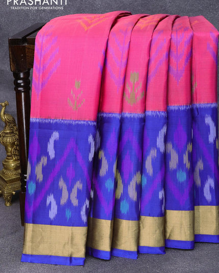 Ikat soft silk saree pink and blue with allover ikat butta weaves and zari woven border - {{ collection.title }} by Prashanti Sarees