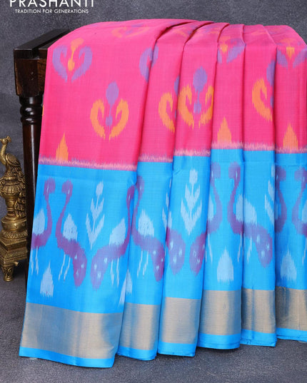 Ikat soft silk saree pink and blue with allover ikat buttas and zari woven border - {{ collection.title }} by Prashanti Sarees