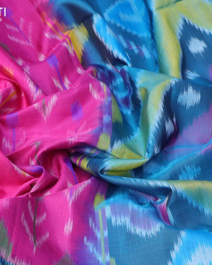 Ikat soft silk saree pink and peacock blue with allover ikat buttas and zari woven border - {{ collection.title }} by Prashanti Sarees