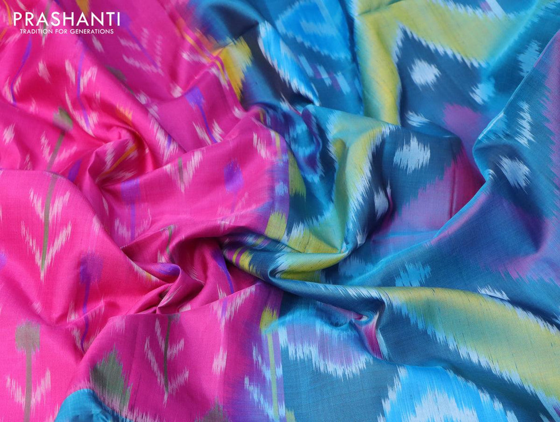 Ikat soft silk saree pink and peacock blue with allover ikat buttas and zari woven border - {{ collection.title }} by Prashanti Sarees