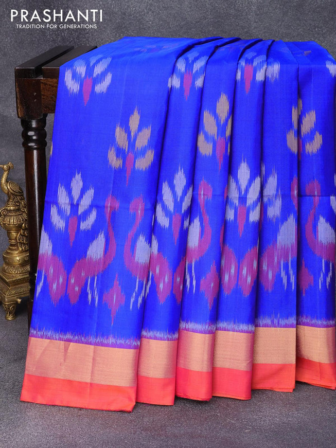 Ikat soft silk saree royal blue and dual shade of pink with allover ikat buttas and zari woven simple border - {{ collection.title }} by Prashanti Sarees