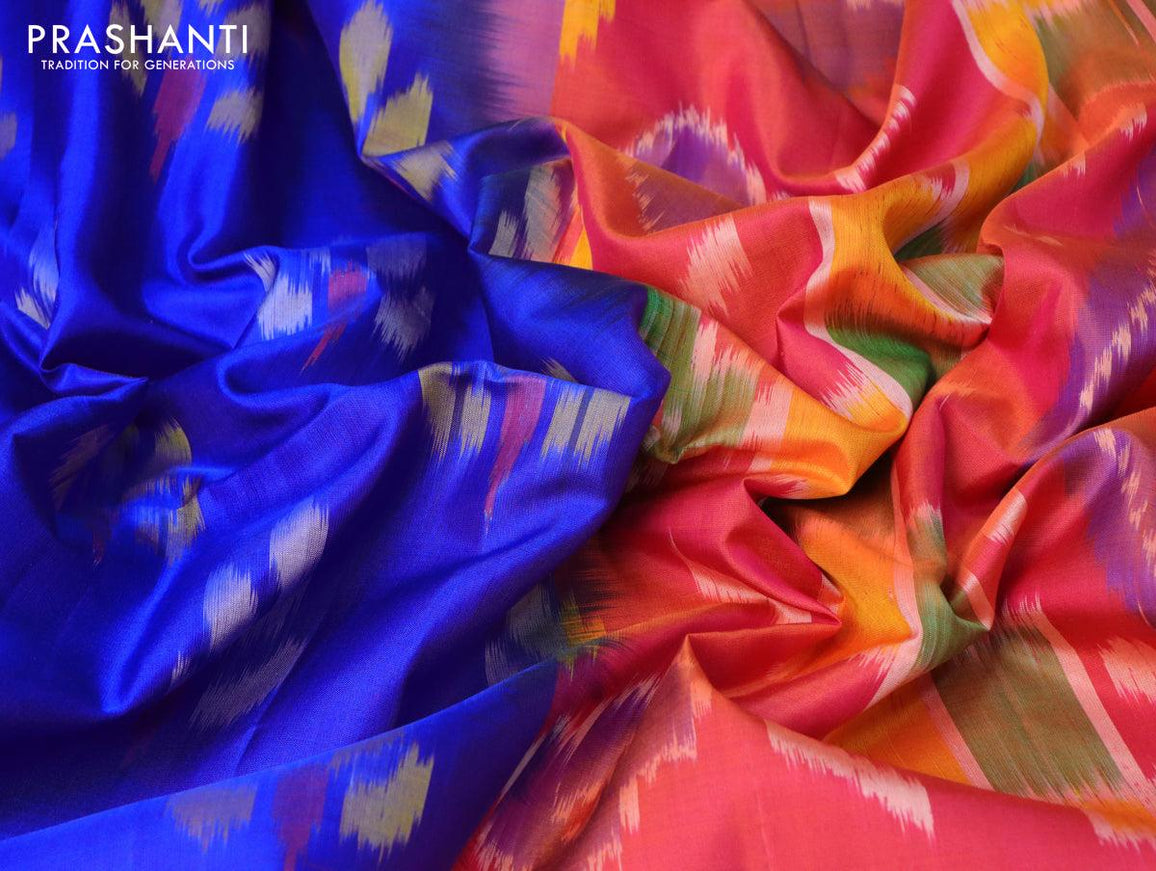 Ikat soft silk saree royal blue and dual shade of pink with allover ikat buttas and zari woven simple border - {{ collection.title }} by Prashanti Sarees