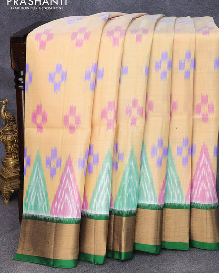Ikat soft silk saree sandal and green with allover ikat buttas and zari woven border - {{ collection.title }} by Prashanti Sarees