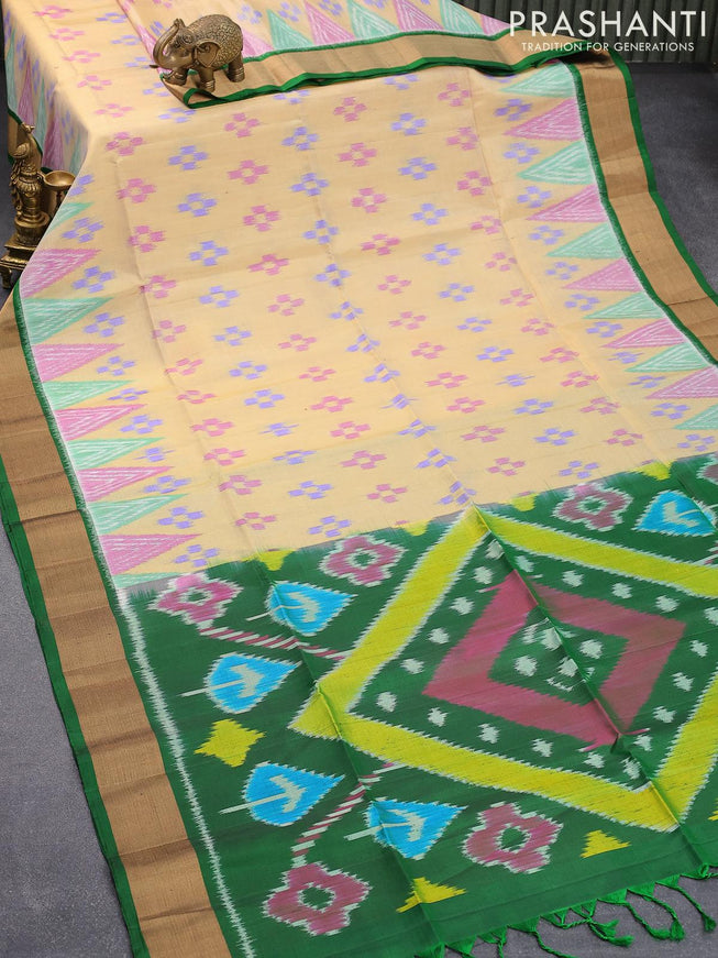 Ikat soft silk saree sandal and green with allover ikat buttas and zari woven border - {{ collection.title }} by Prashanti Sarees