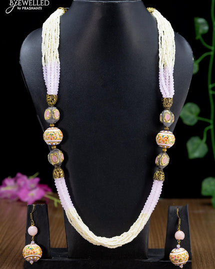 Jaipur baby pink crystal and pearls necklace with minakari balls - {{ collection.title }} by Prashanti Sarees