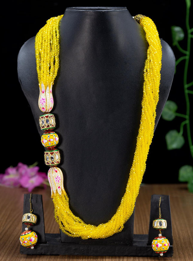 Jaipur beaded yellow necklace with minakari lotus pendant - {{ collection.title }} by Prashanti Sarees