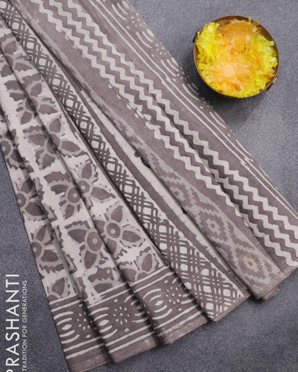 Jaipur cotton saree beige and grey shade with allover prints and printed border - {{ collection.title }} by Prashanti Sarees
