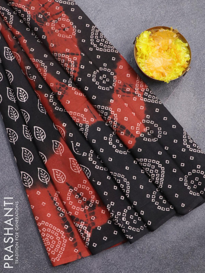 Jaipur cotton saree black and rust shade with allover leaf butta prints and bandhani printed border - {{ collection.title }} by Prashanti Sarees