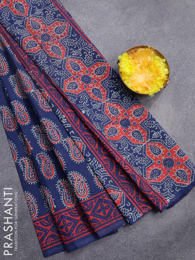 Jaipur cotton saree blue and red with allover paisley butta prints and printed border - {{ collection.title }} by Prashanti Sarees