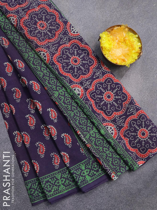 Jaipur cotton saree dark blue and green with allover paisley butta prints and printed border - {{ collection.title }} by Prashanti Sarees