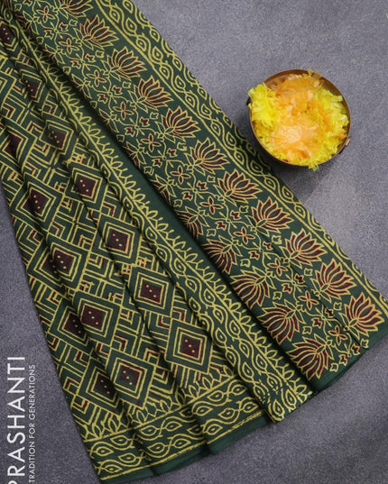 Jaipur cotton saree dark green and yellow with allover geometric prints and printed border - {{ collection.title }} by Prashanti Sarees