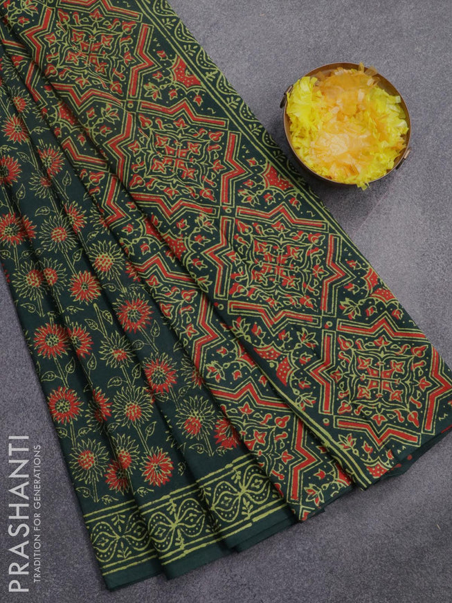 Jaipur cotton saree dark green with allover floral prints and printed border - {{ collection.title }} by Prashanti Sarees