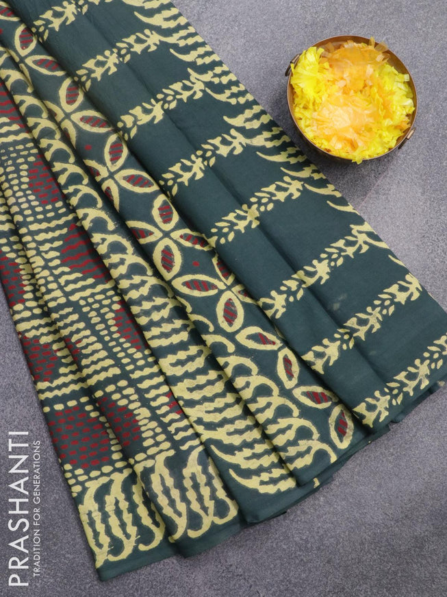 Jaipur cotton saree dark peacock green with allover prints and printed border - {{ collection.title }} by Prashanti Sarees