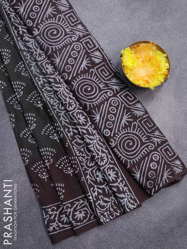 Jaipur cotton saree elephant grey and coffee brown with allover butta prints and printed border - {{ collection.title }} by Prashanti Sarees