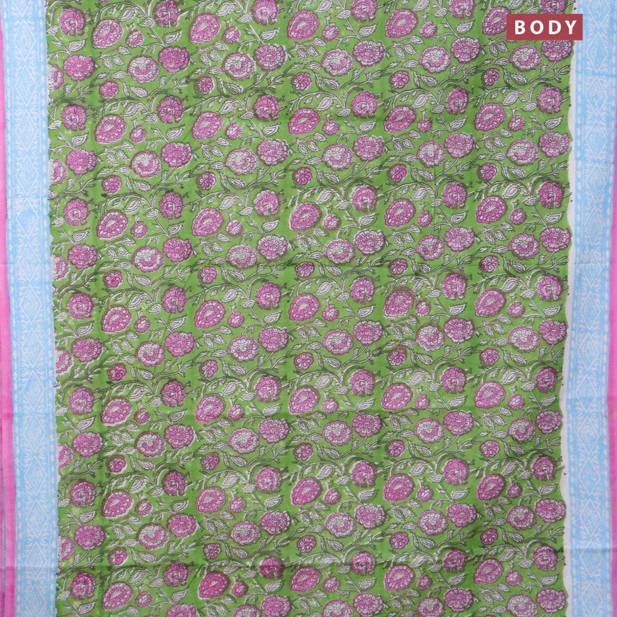 Jaipur cotton saree green and light blue pink with allover floral prints and printed border - {{ collection.title }} by Prashanti Sarees