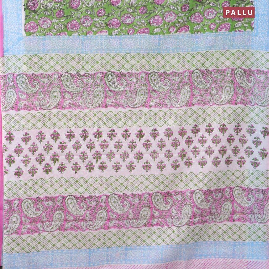 Jaipur cotton saree green and light blue pink with allover floral prints and printed border - {{ collection.title }} by Prashanti Sarees