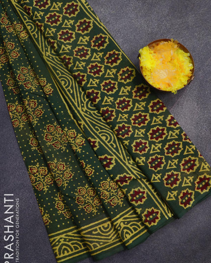 Jaipur cotton saree green and yellow with allover floral prints and printed border - {{ collection.title }} by Prashanti Sarees