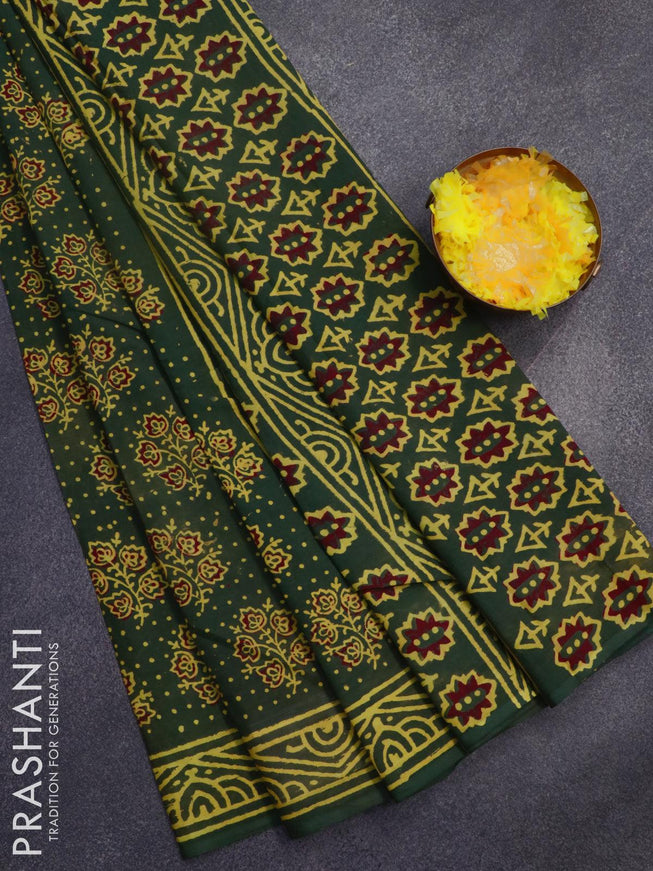 Jaipur cotton saree green and yellow with allover floral prints and printed border - {{ collection.title }} by Prashanti Sarees