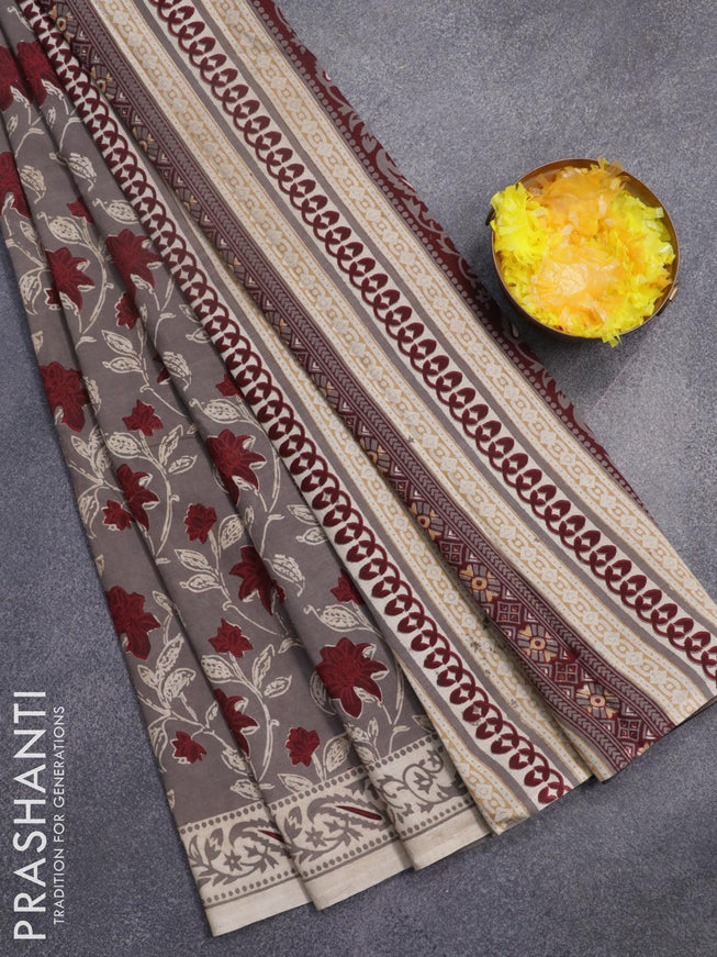 Jaipur cotton saree grey and beige with allover floral prints and printed border - {{ collection.title }} by Prashanti Sarees