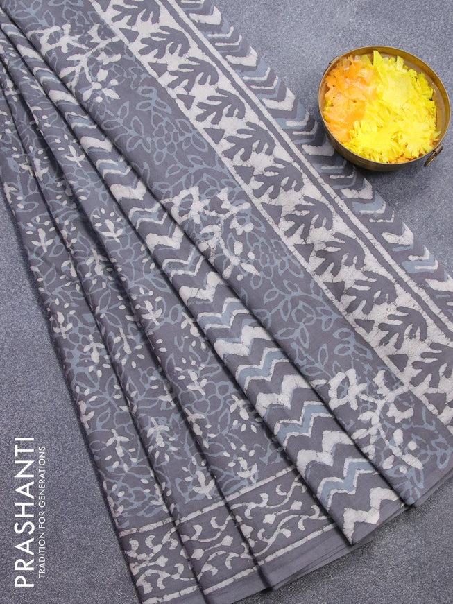 Jaipur cotton saree grey with allover dabu prints and printed border - {{ collection.title }} by Prashanti Sarees