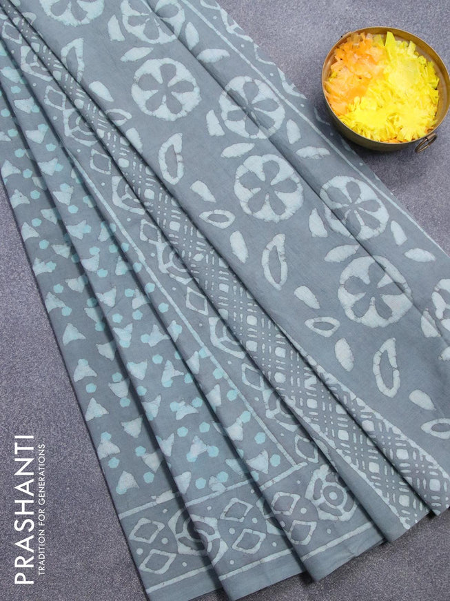 Jaipur cotton saree grey with allover geometric prints and printed border - {{ collection.title }} by Prashanti Sarees