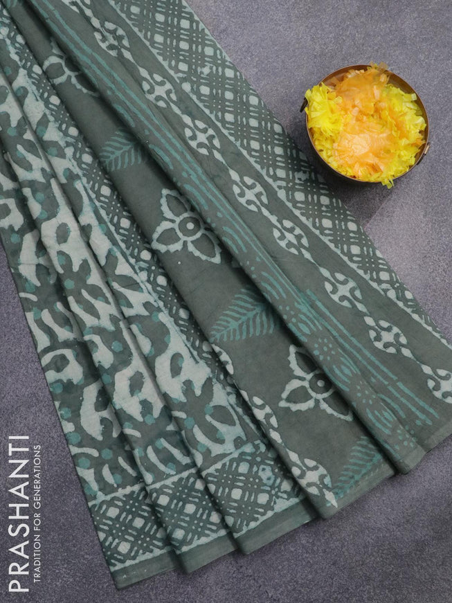 Jaipur cotton saree greyish green with allover prints and printed border - {{ collection.title }} by Prashanti Sarees