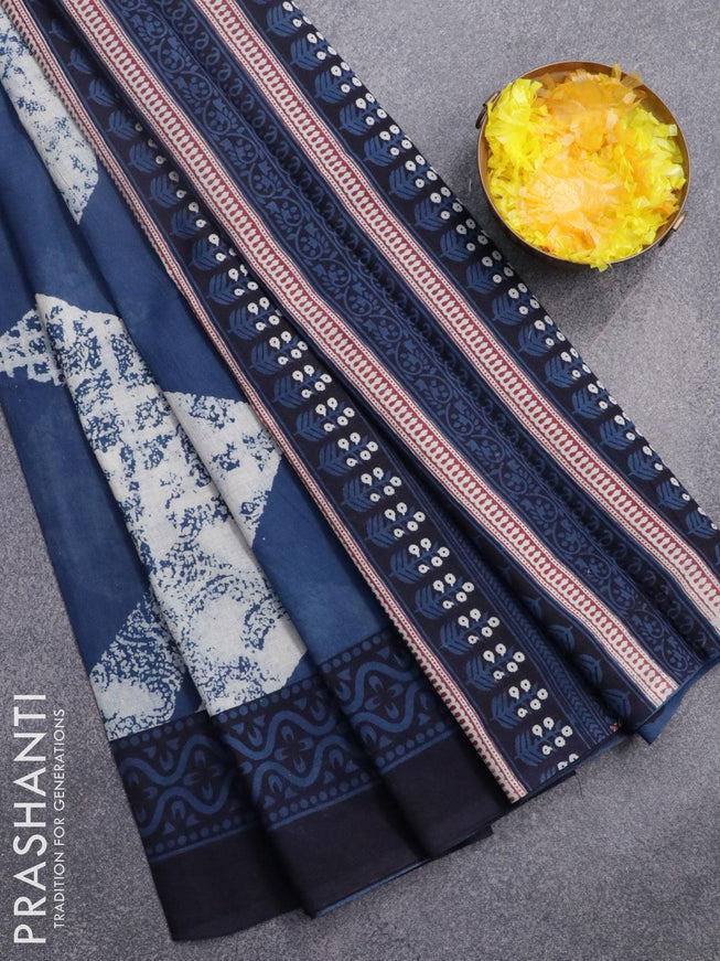 Jaipur cotton saree indigo blue and black with allover prints and printed border - {{ collection.title }} by Prashanti Sarees