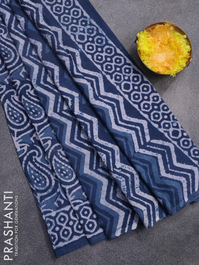 Jaipur cotton saree indigo blue with allover paisley prints and printed border - {{ collection.title }} by Prashanti Sarees
