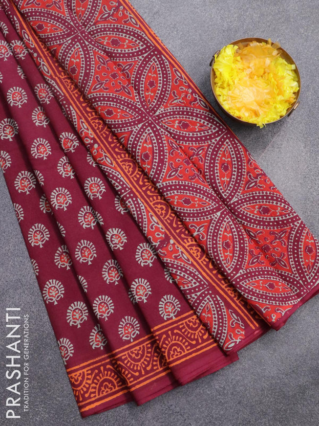 Jaipur cotton saree maroon and orange with allover butta prints and printed border - {{ collection.title }} by Prashanti Sarees