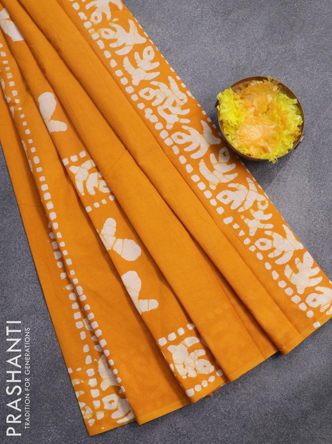 Jaipur cotton saree mustard yellow with allover batik prints in borderless style - {{ collection.title }} by Prashanti Sarees