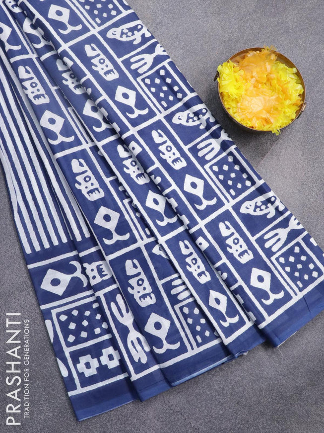 Jaipur cotton saree off white and blue with allover stripe pattern and printed border - {{ collection.title }} by Prashanti Sarees
