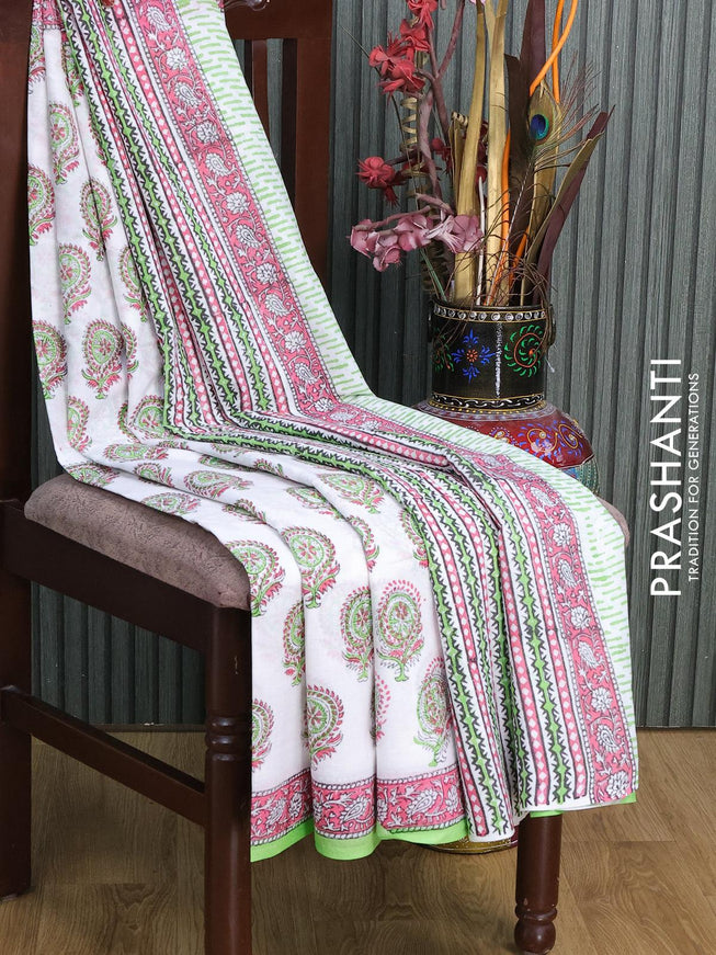Jaipur cotton saree off white and light green with butta prints and printed border - {{ collection.title }} by Prashanti Sarees