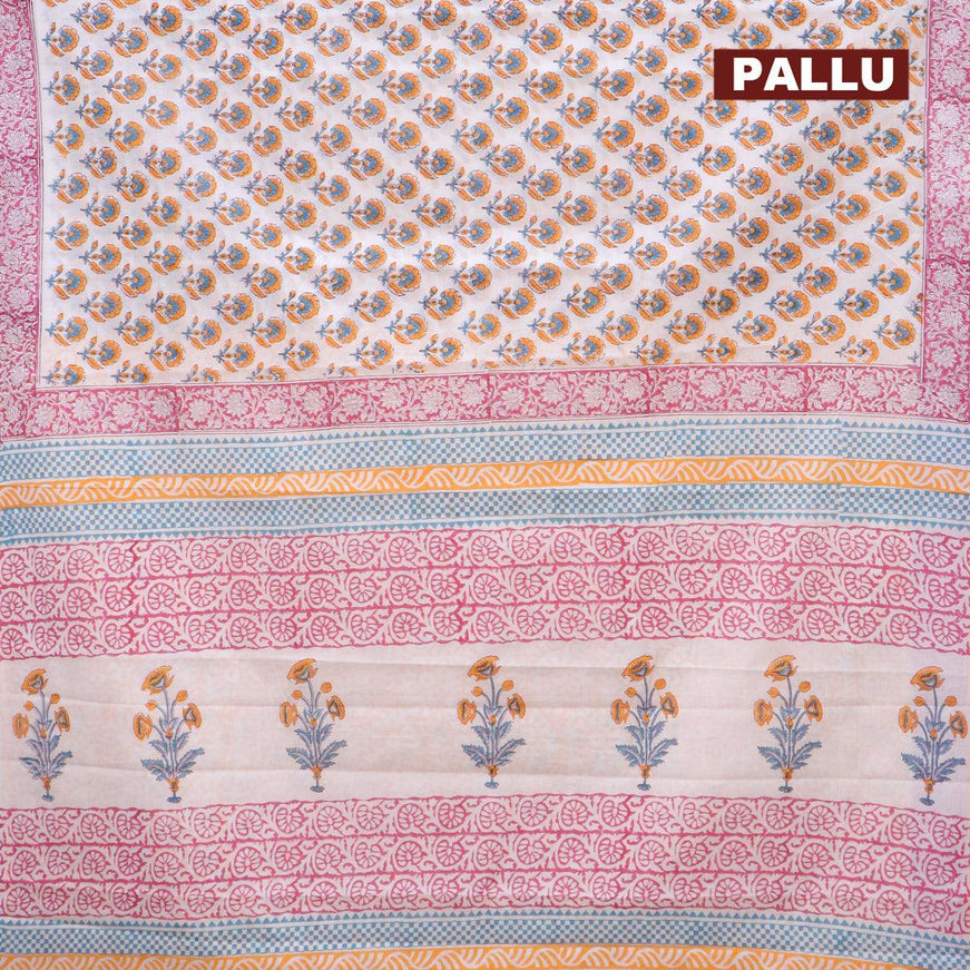Jaipur cotton saree off white and pink yellow with allover floral butta prints and printed border - {{ collection.title }} by Prashanti Sarees