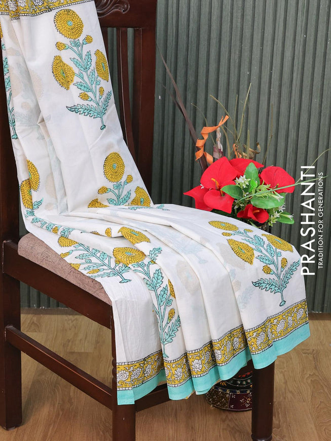 Jaipur cotton saree off white and teal green with floral butta prints and printed border - {{ collection.title }} by Prashanti Sarees