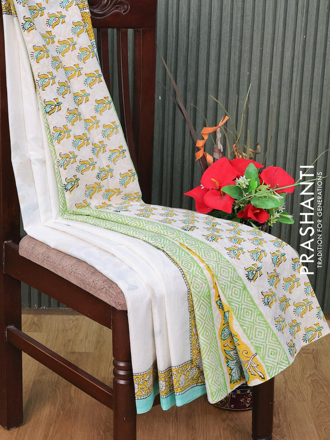 Jaipur cotton saree off white and teal green with floral butta prints and printed border - {{ collection.title }} by Prashanti Sarees