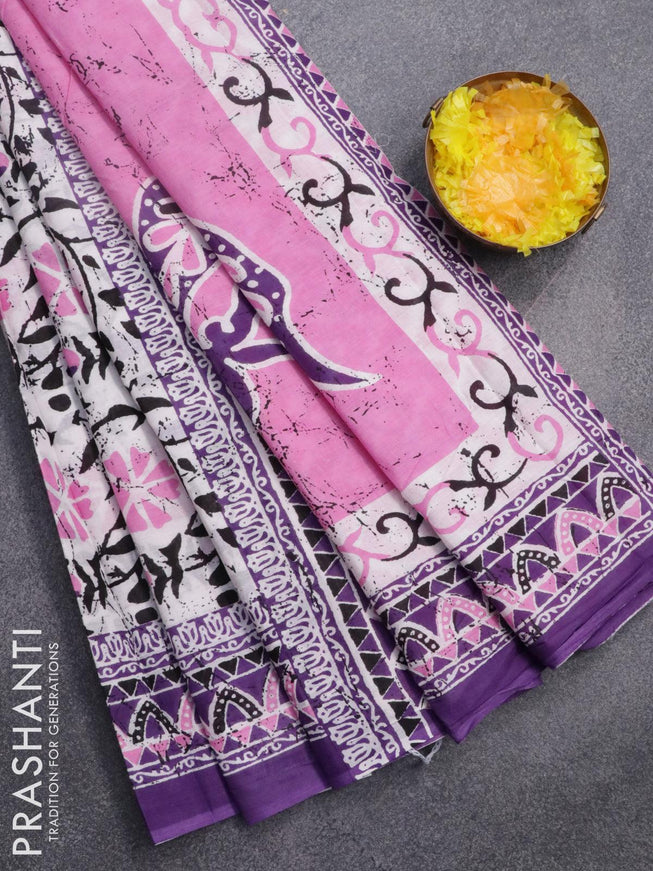 Jaipur cotton saree off white and violet with allover prints and printed border - {{ collection.title }} by Prashanti Sarees