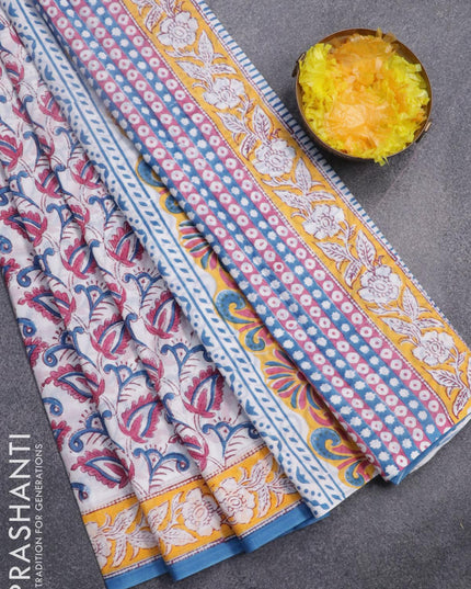 Jaipur cotton saree off white and yellow blue with allover prints and printed border - {{ collection.title }} by Prashanti Sarees
