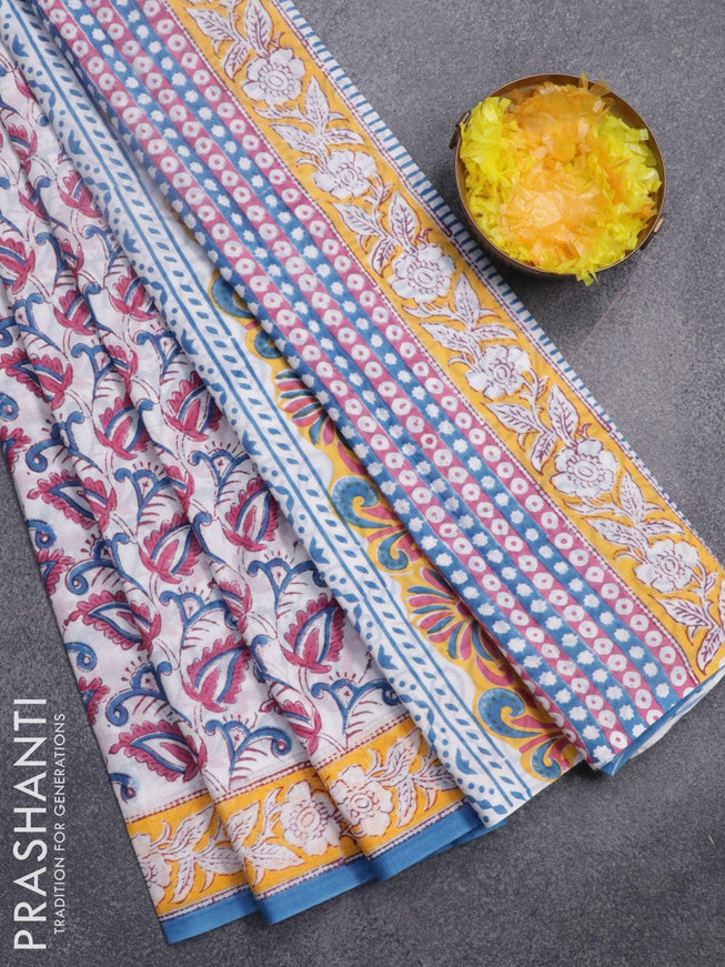 Jaipur cotton saree off white and yellow blue with allover prints and printed border - {{ collection.title }} by Prashanti Sarees
