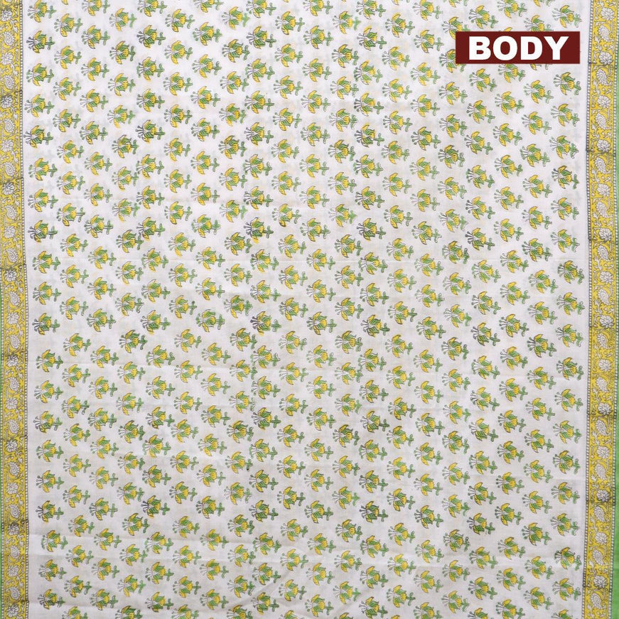 Jaipur cotton saree off white and yellow green with allover floral butta prints and printed border - {{ collection.title }} by Prashanti Sarees