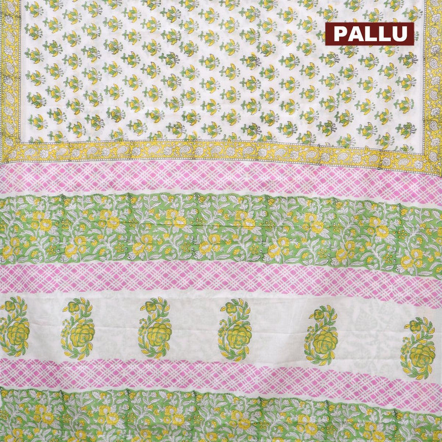 Jaipur cotton saree off white and yellow green with allover floral butta prints and printed border - {{ collection.title }} by Prashanti Sarees