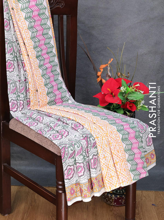 Jaipur cotton saree off white and yellow with allover prints and printed border - {{ collection.title }} by Prashanti Sarees