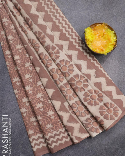 Jaipur cotton saree pastel brown with allover dabu prints and printed border - {{ collection.title }} by Prashanti Sarees